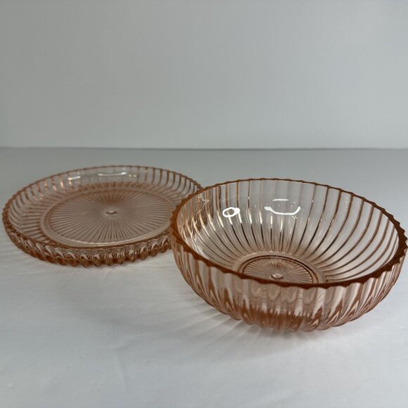Anchor Hocking QUEEN MARY Pink Depression Glass Berry Candy Bowl Plate Set 1940s - Picture 2 of 15